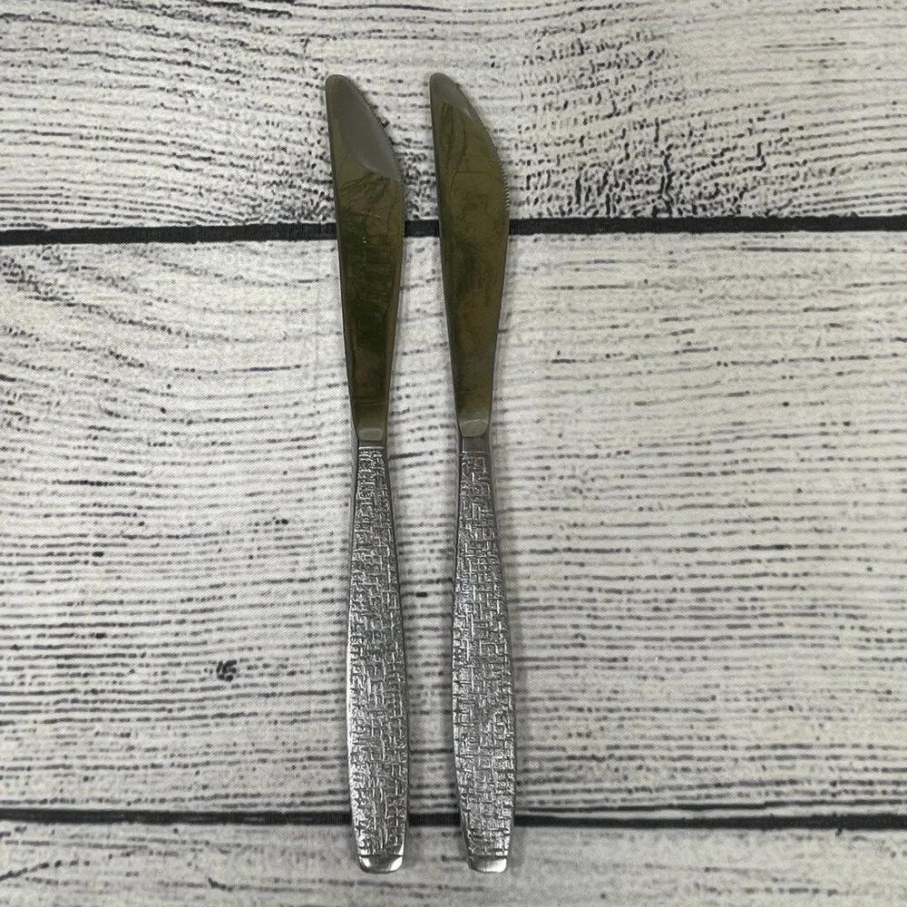 Vintage TWA Airline Stainless Steel Basketweave Table Knife Pair 8